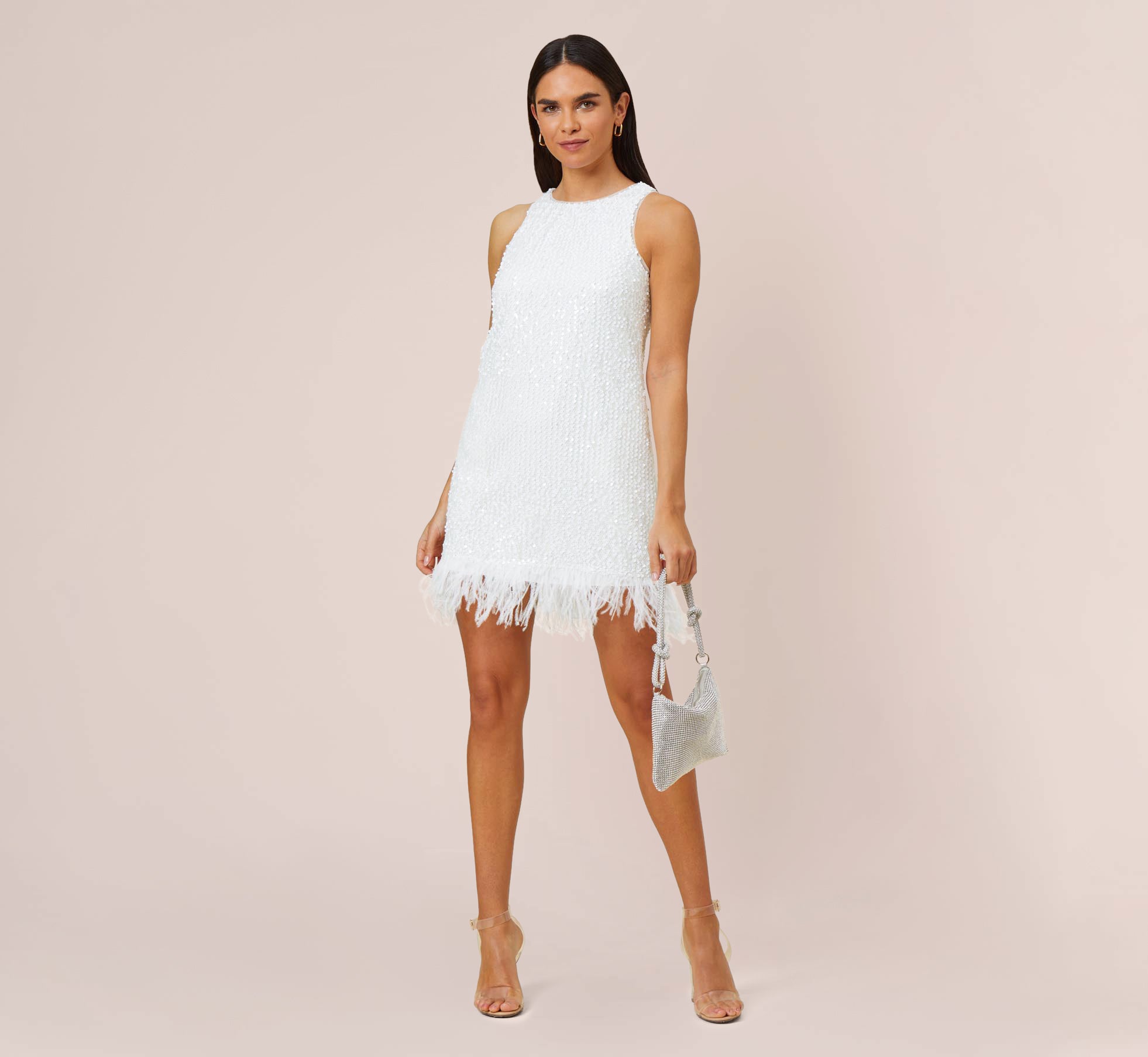 Sequined Trapeze Halter Dress With Feather Trim In Ivory、mySite、solidvoid