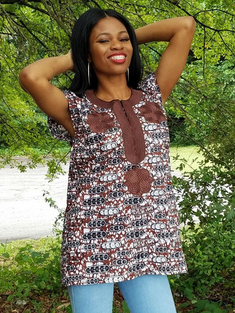 Brown African Print Gbariye Dashiki Top-DP3770GW、mySite、solidvoid