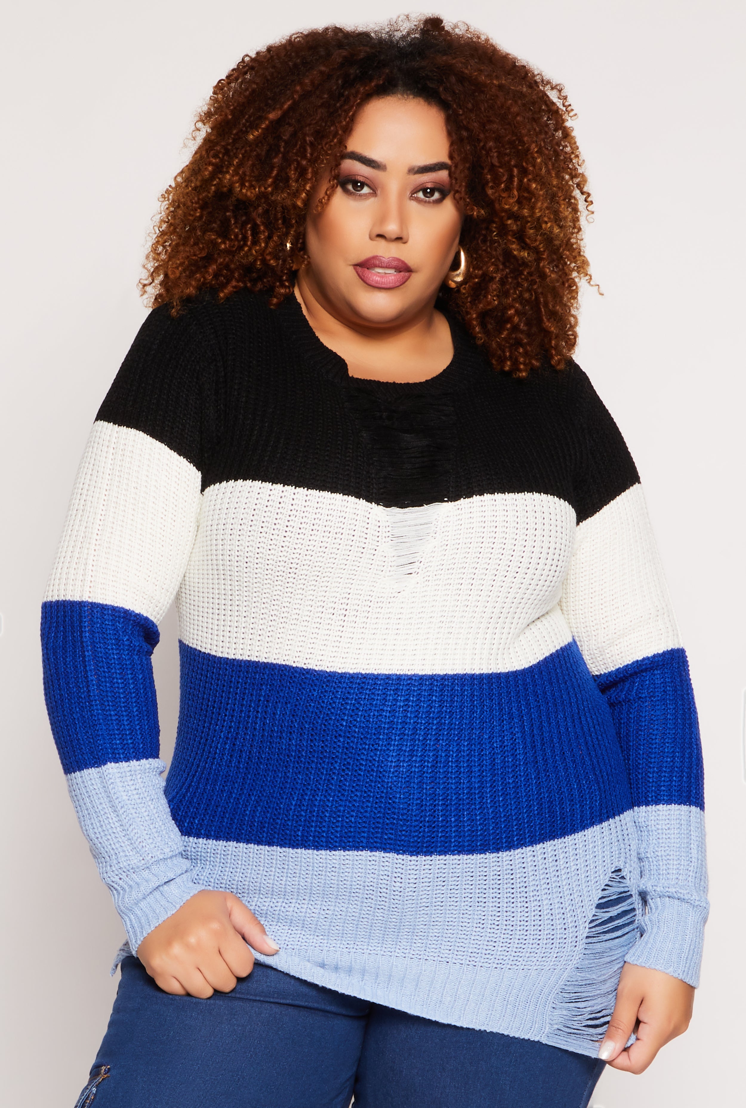 Plus Size Striped Distressed Sweater、mySite、camillekostekn