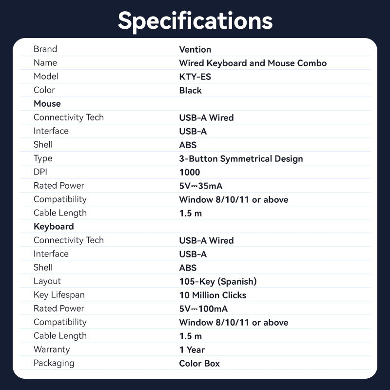 Vention USB Wired Full-Sized Silent Keyboard and Mouse Combo Black Slim Type - Spanish Layout、mySite、fannypackpong