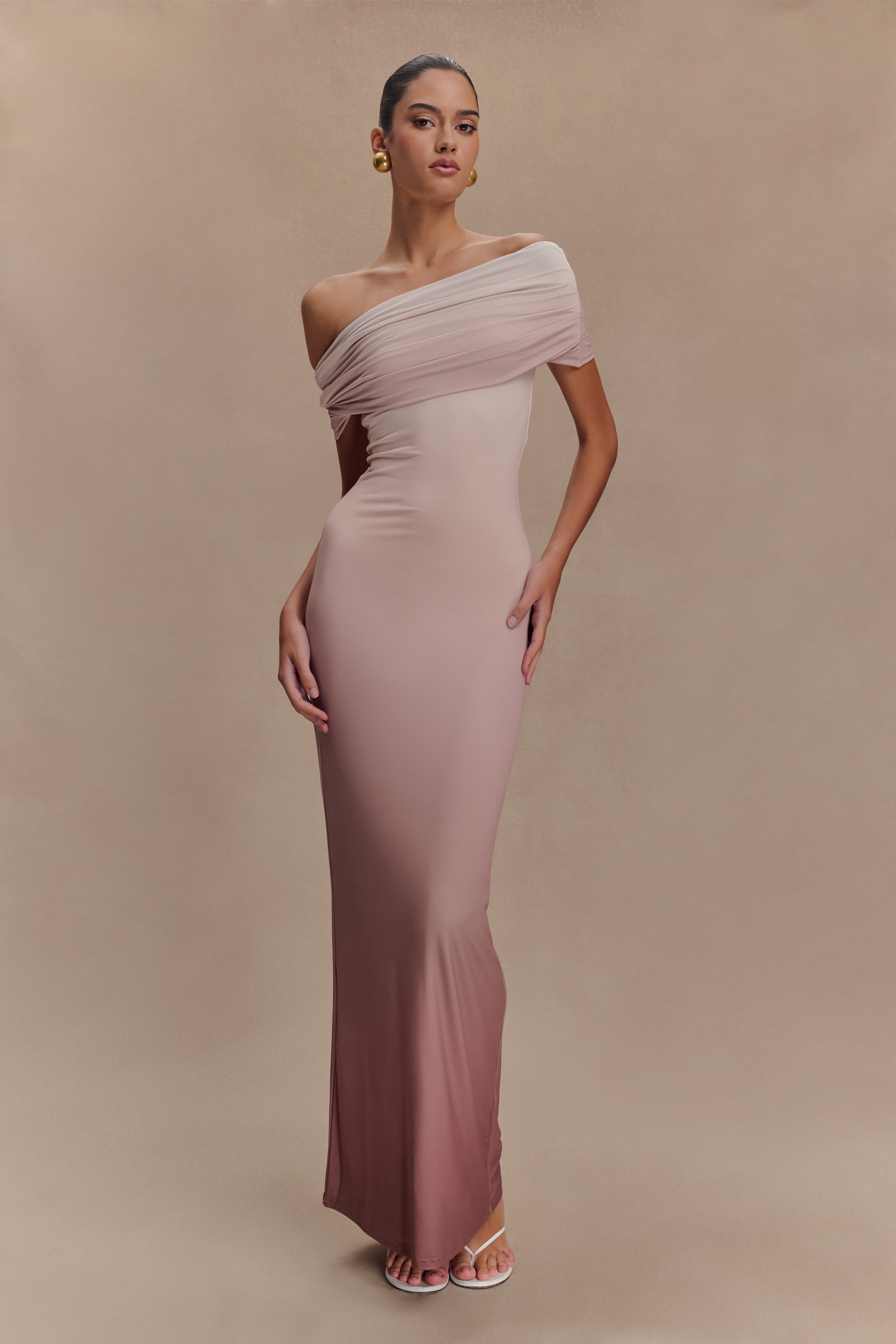 Cassandra Off Shoulder Slinky Maxi Dress - Neutral Ombre、mySite、solidvoid