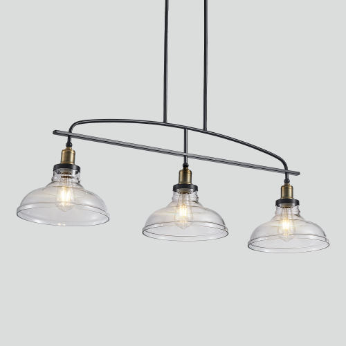 45" Industrial 3-Light Pendant Chandelier with Clear Glass Shades, Black Metal Frame, Adjustable Height, Modern Farmhouse Lighting for Kitchen Island, Dining Room, or Living Room (Bulb Not Included)、、eastwooduniform