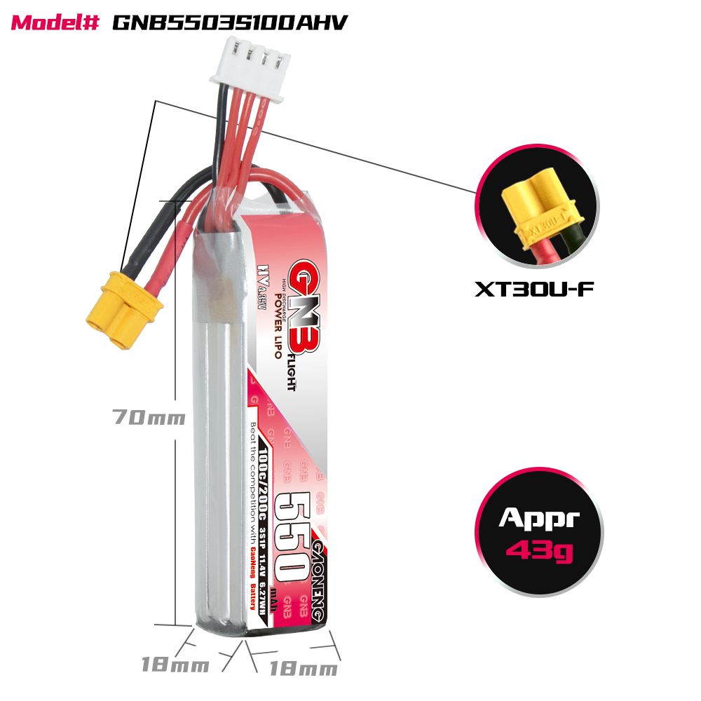 2PCS - GAONENG GNB LiHV 3S 11.4V 550mAh 100C XT30 LiPo Battery Long Type
