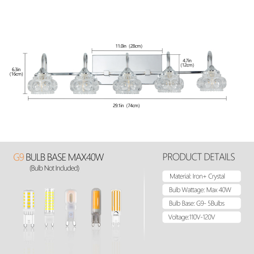 29" Nickel Finish Vintage Crystal Vanity Light - Elegant 5-Light Bathroom Mirror Fixture with Clear Glass Shades (No Bulbs)、、eastwooduniform