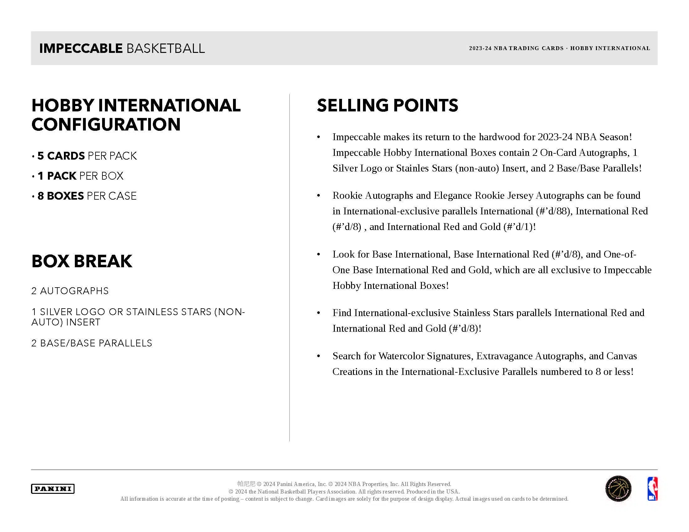Panini Impeccable NBA Basketball 2023/24 - International Hobby Box、mySite、waistdrama
