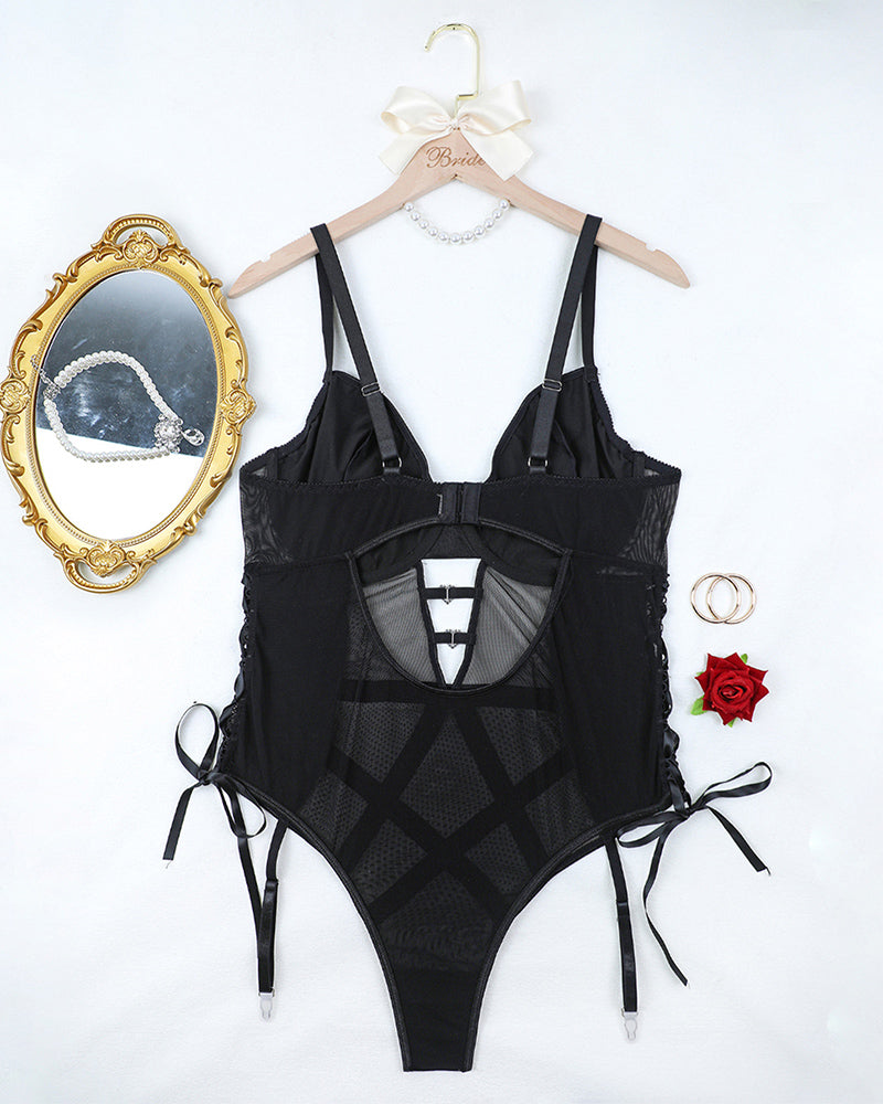 Plus Size Leather Hollow Tie Bodysuit、mySite、bengalsvssteelers