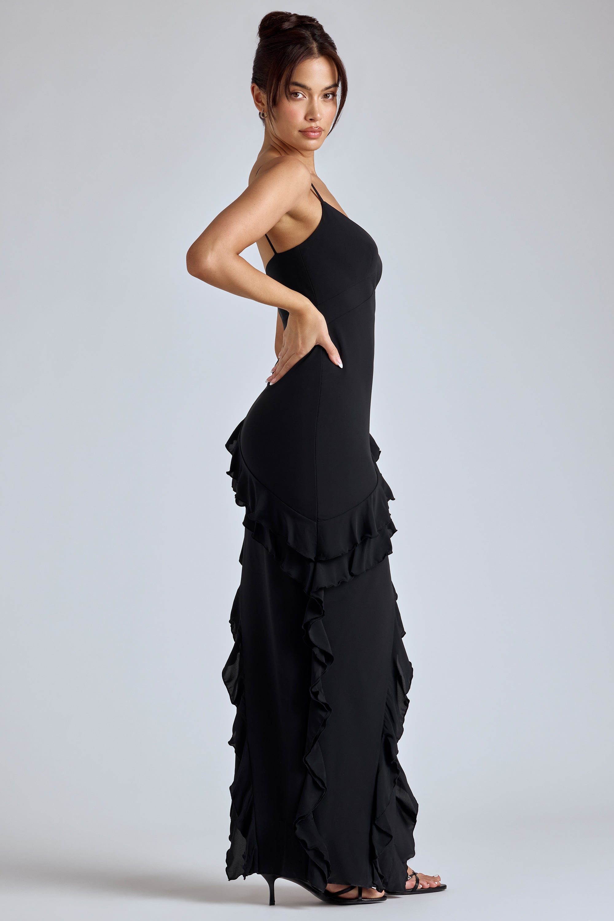 Panelled Ruffle Evening Gown in Black、mySite、solidvoid