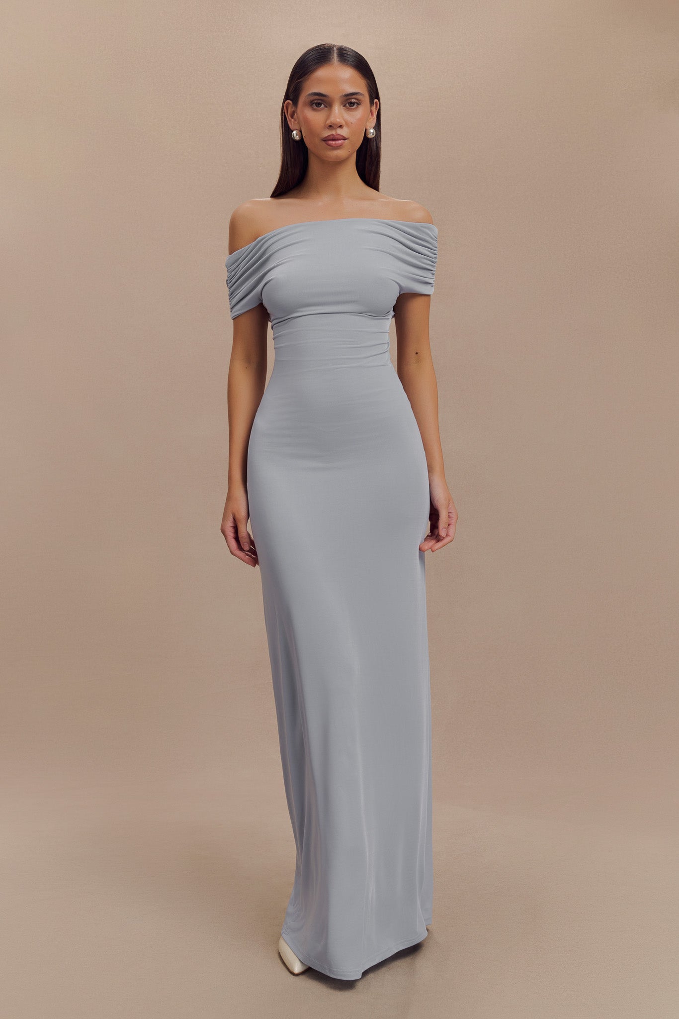 Imogen Off Shoulder Slinky Maxi Dress - Dusty Blue、mySite、solidvoid
