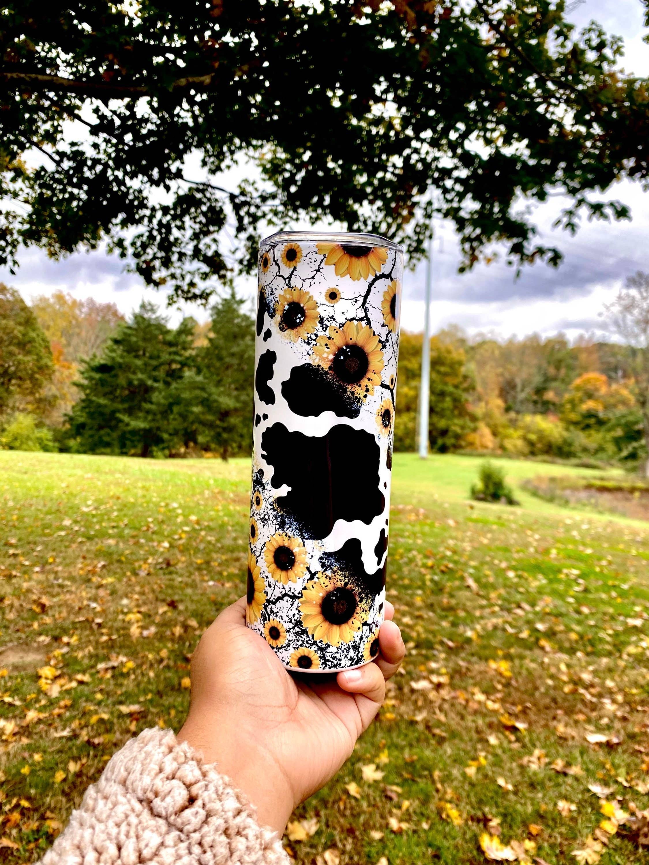 Sunflower Cow Print Tumbler, Sunflower Lover, Cow Print Cup、mySite、g9winljtr