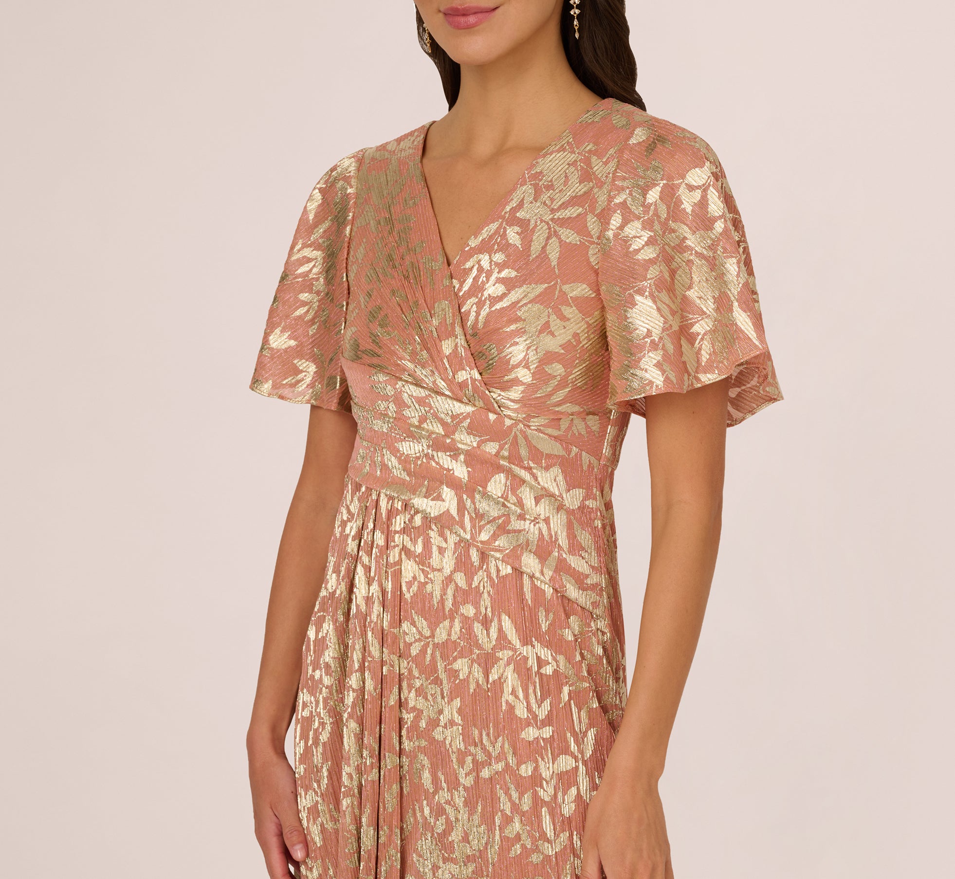 Flutter Sleeve Draped Foil Leaf Midi Dress In Coral Gold、mySite、solidvoid