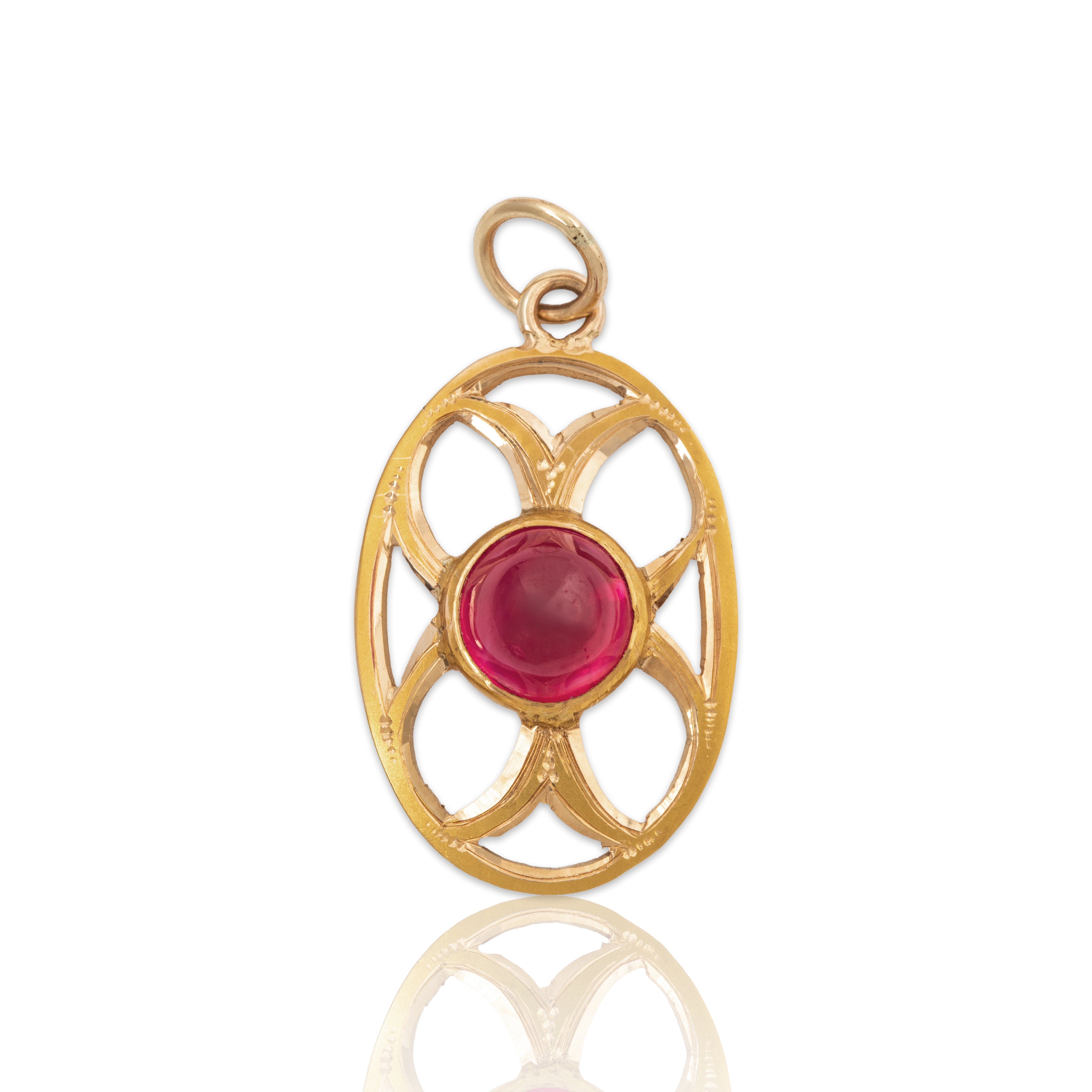 Antique 14k Yellow Gold 1.32ct Cabochon Synthetic Ruby Openwork Charm Pendant、mySite、hinf8tx79