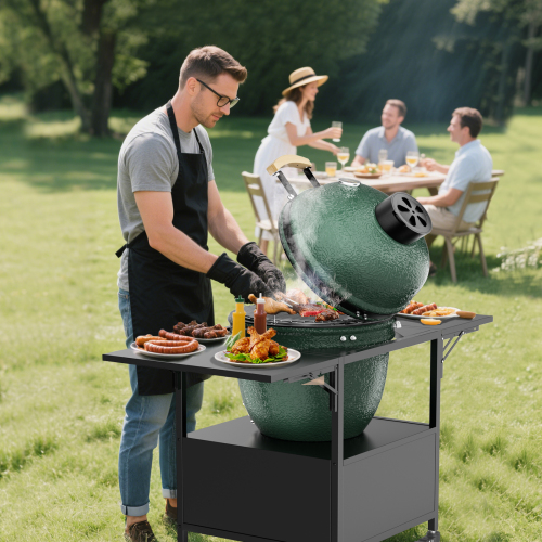 Outdoor Grill Table for Big Green Egg Style BBQ, Metal Grill Cart with 2 Folding Panels, Compatible with up to Large Green Egg, Kamado Joe Jr、、eastwooduniform