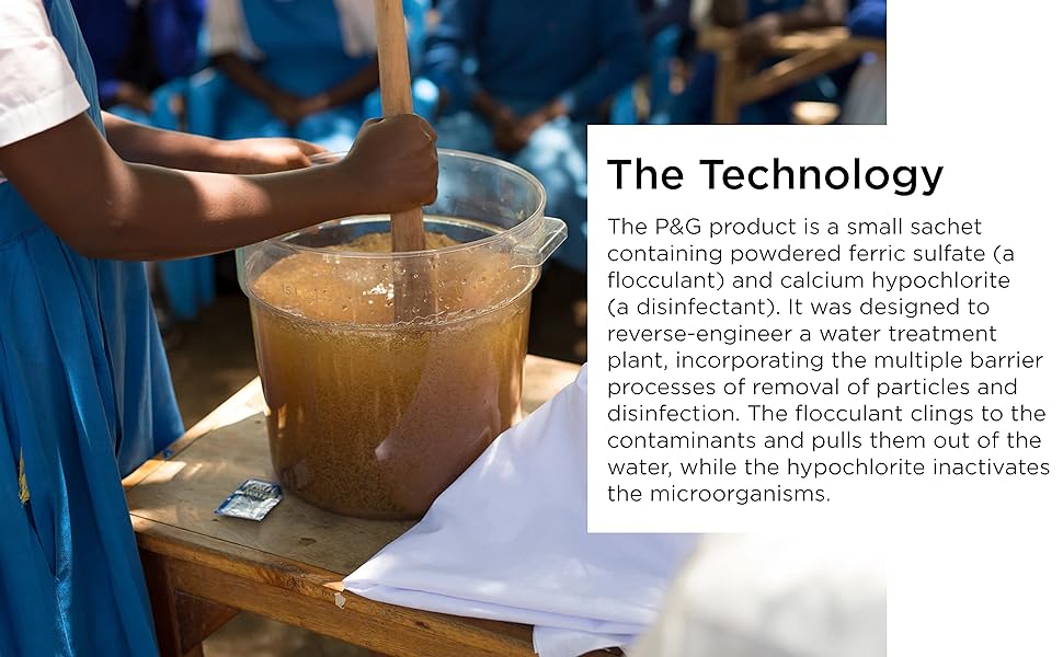 sachet contains powdered ferric sulfate (a flocculant) and calcium hypochlorite (a disinfectant)
