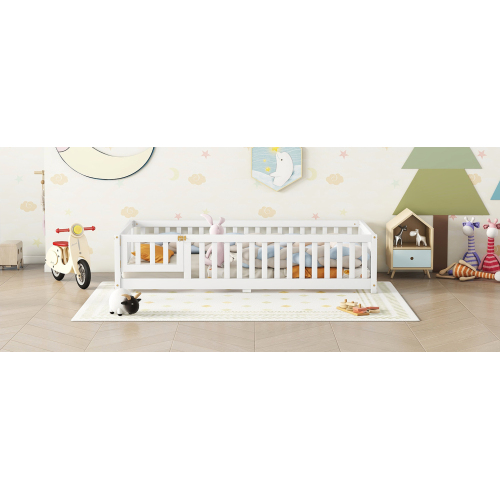Twin Size Bed Floor Bed with Safety Guardrails and Door for Kids, Natural(Old SKU: W158090686)、、casual