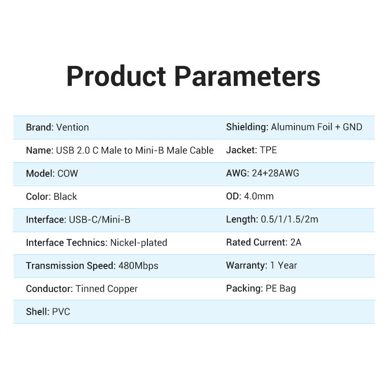 Vention USB 2.0 C Male to Mini-B Male 2A Cable、mySite、fannypackpong