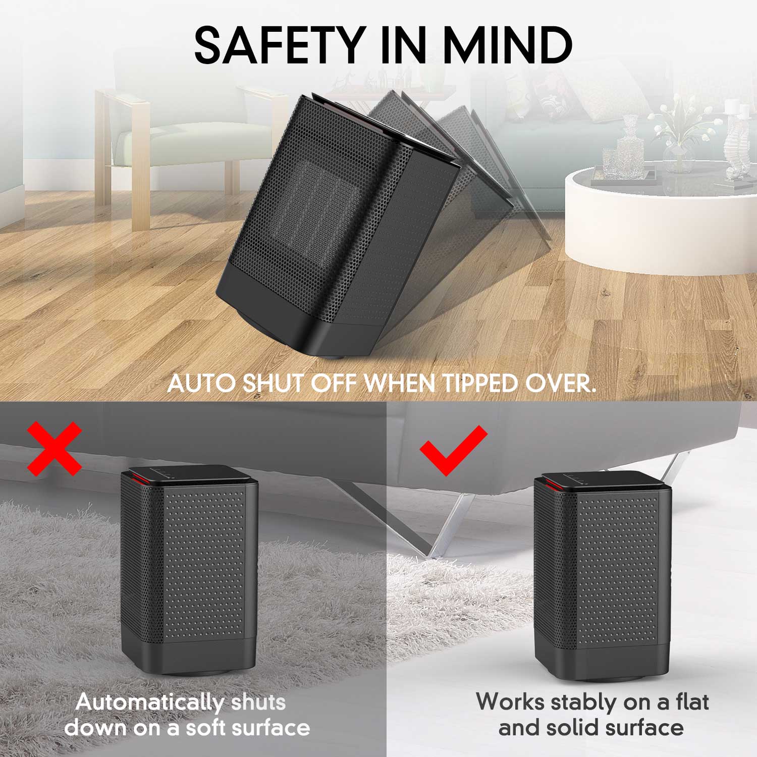 KLOUDIC 950W Portable Ceramic Heater with 45° Oscillation, Black、mySite、fannypackpong