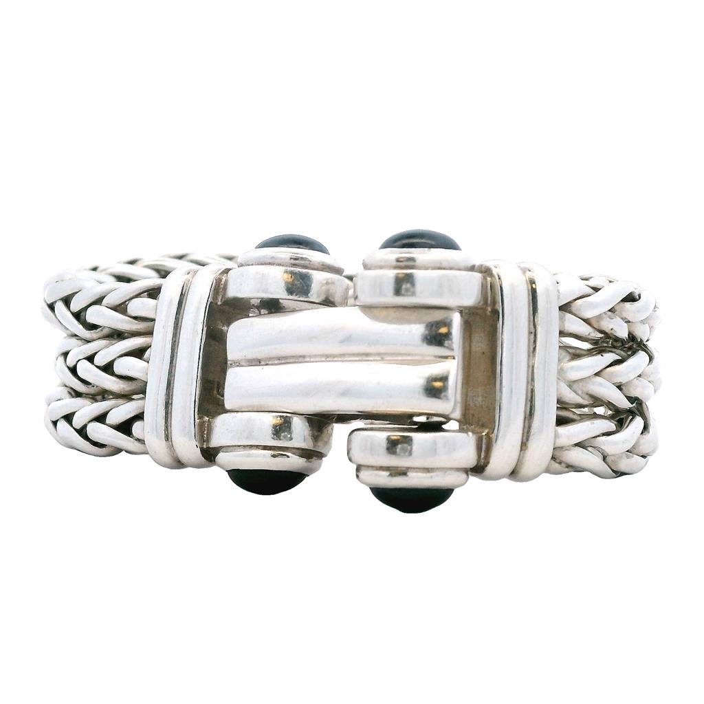  Estate Sterling Silver Cabachon Black Onyx Multi Strand Bracelet