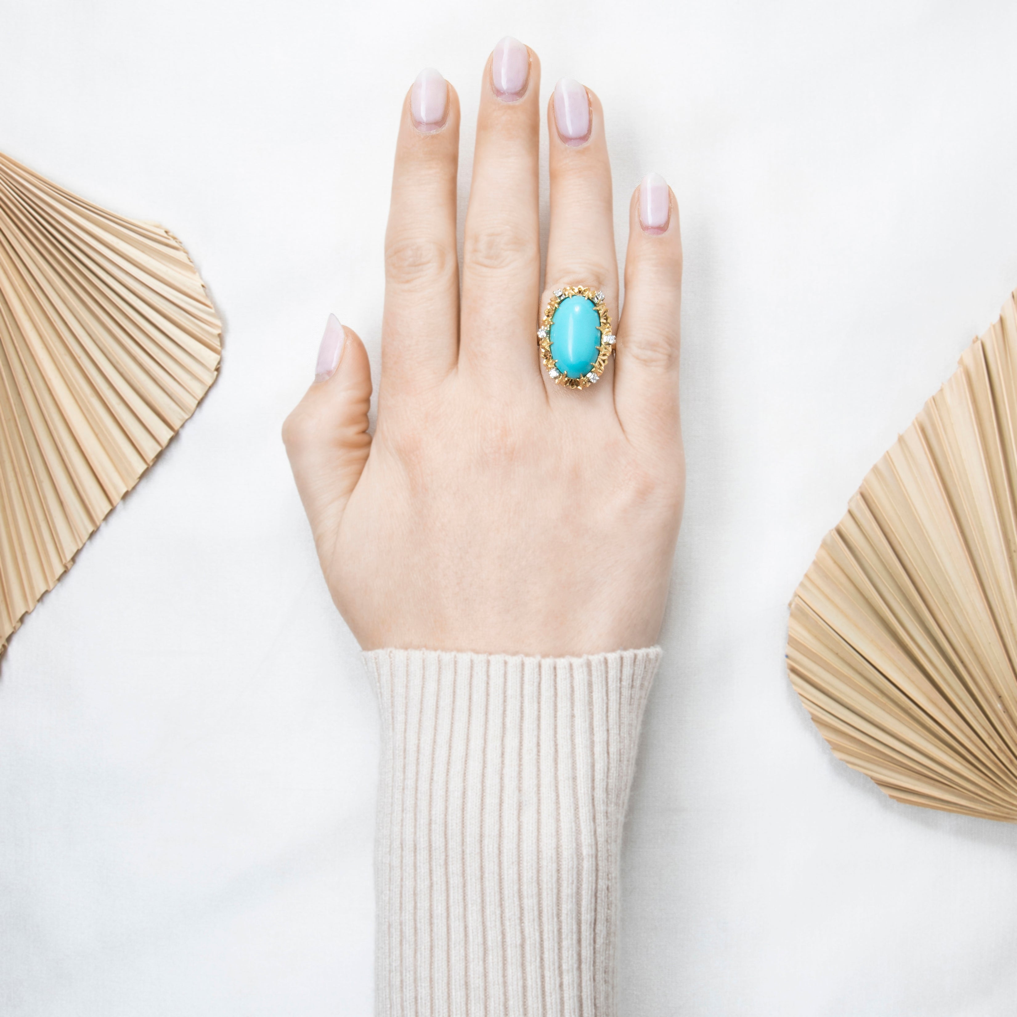 Vintage Large 18k Yellow Gold 10.2ct Turquoise .21cttw Diamond Brutalist Ring、mySite、hinf8tx79