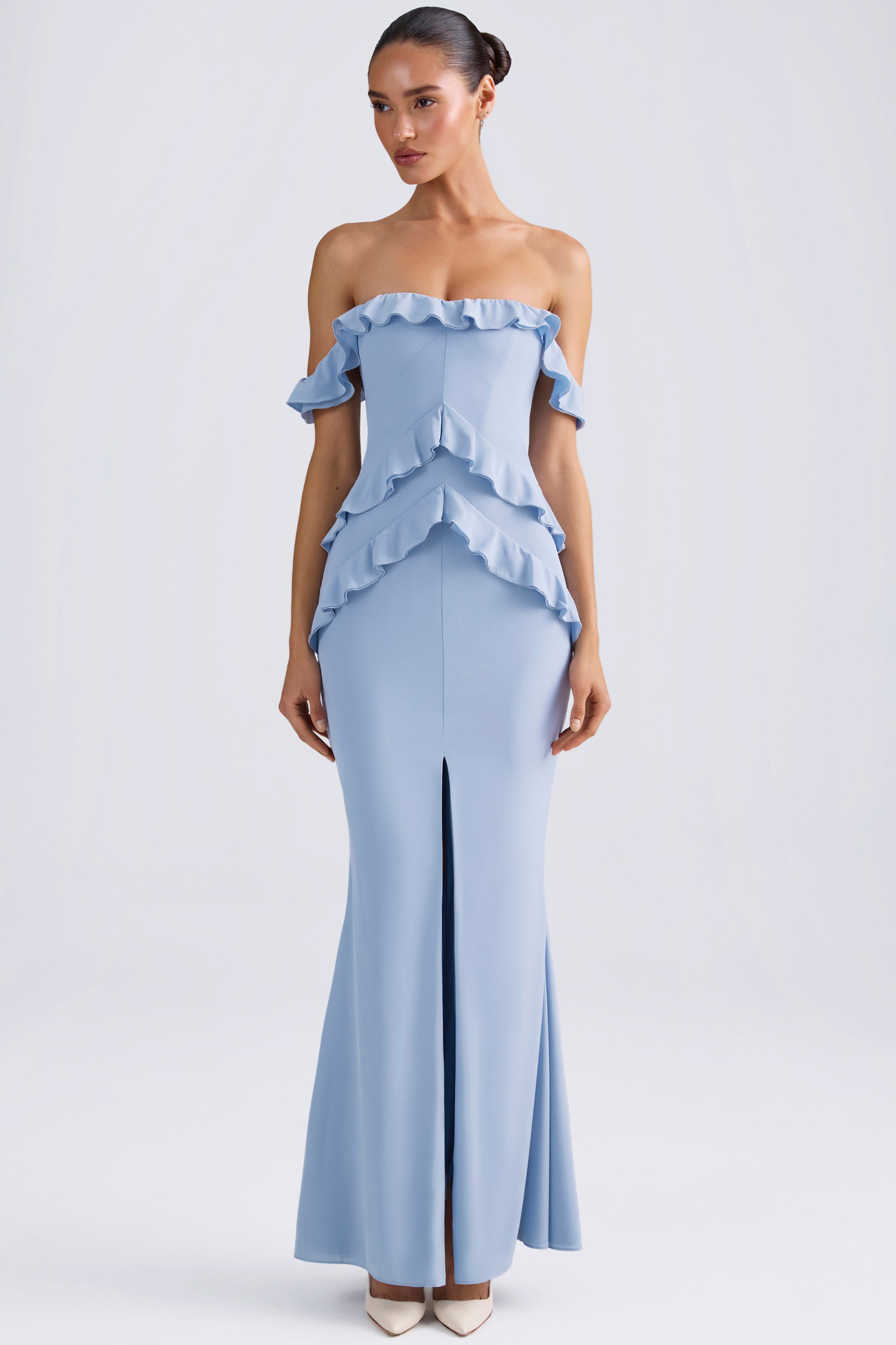 Off-Shoulder Ruffle-Trim Gown in Light Blue、mySite、solidvoid