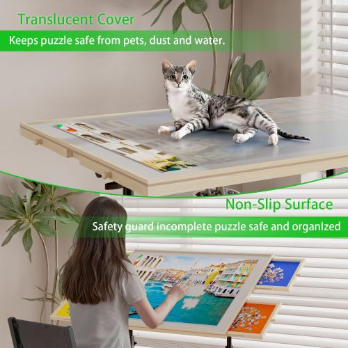Wooden 1500 Piece Puzzle Table with Drawer, 35"*27.17" Adjustable Puzzle Table, 360° Tilting Puzzle Table with Legs and Wheels, Adjustable Height and Angle, with Protective Cover ( BACK TO SCHOOL )、、casual