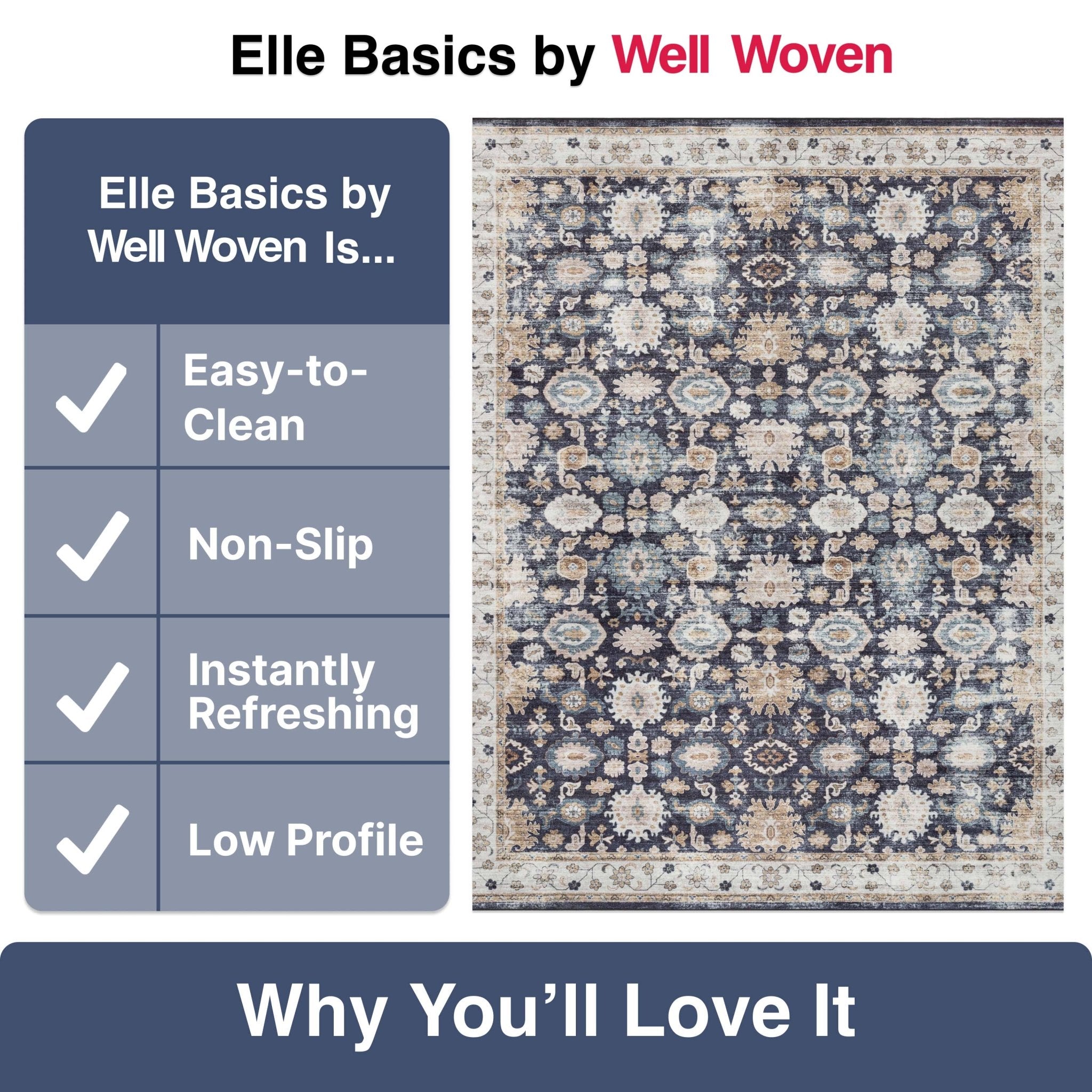 Elle Basics Gala Oriental Easy-Clean Washable Rug by Well Woven - Durable, Non-Slip, Low-Profile Design for Home Comfort、mySite、gigharbornorthrealestate