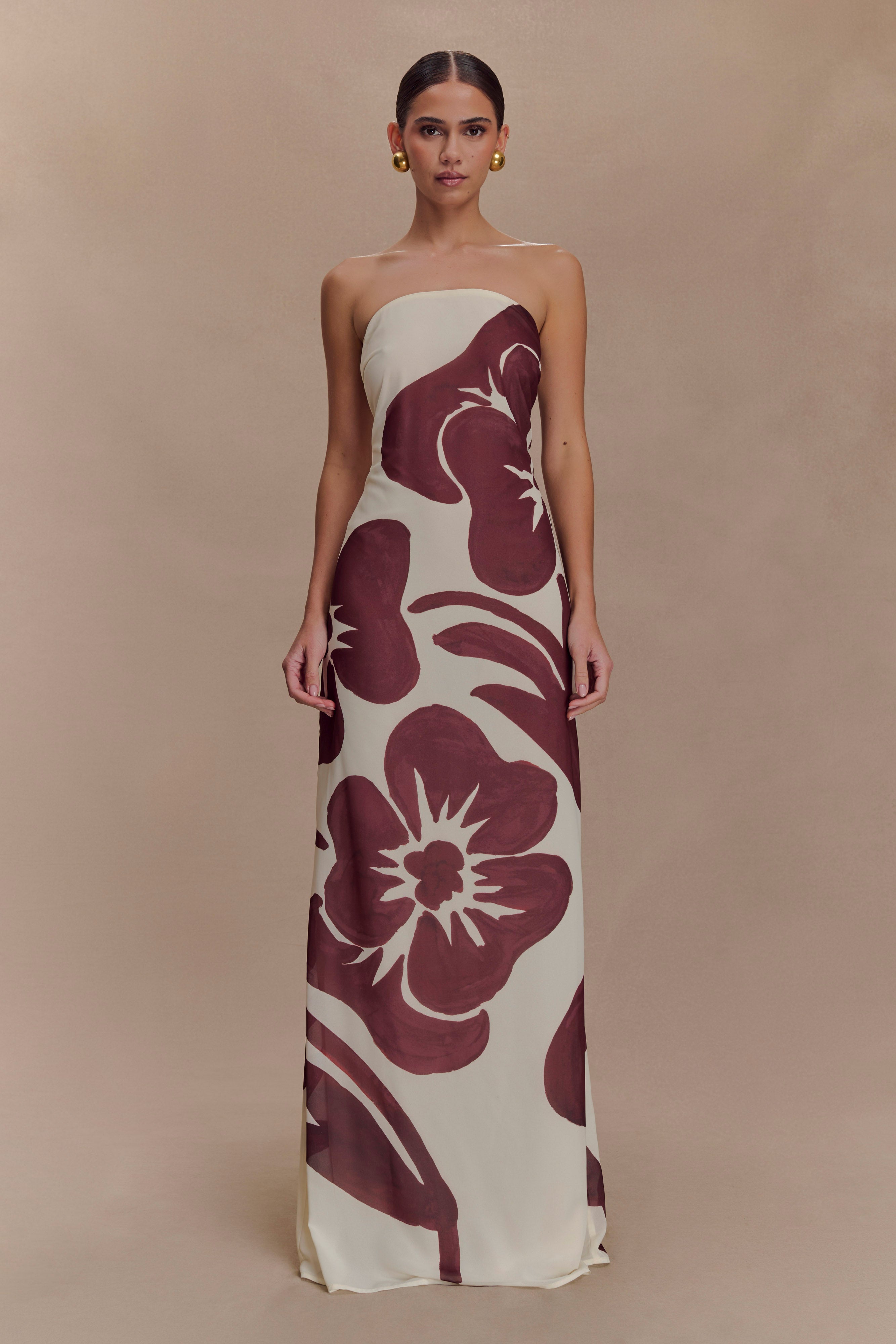 Amaya Strapless Chiffon Maxi Dress - Brown Deco Fleur Print、mySite、solidvoid