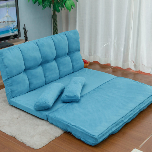 Double Chaise Lounge Sofa Floor Couch and Sofa with Two Pillows (Blue)、、casual