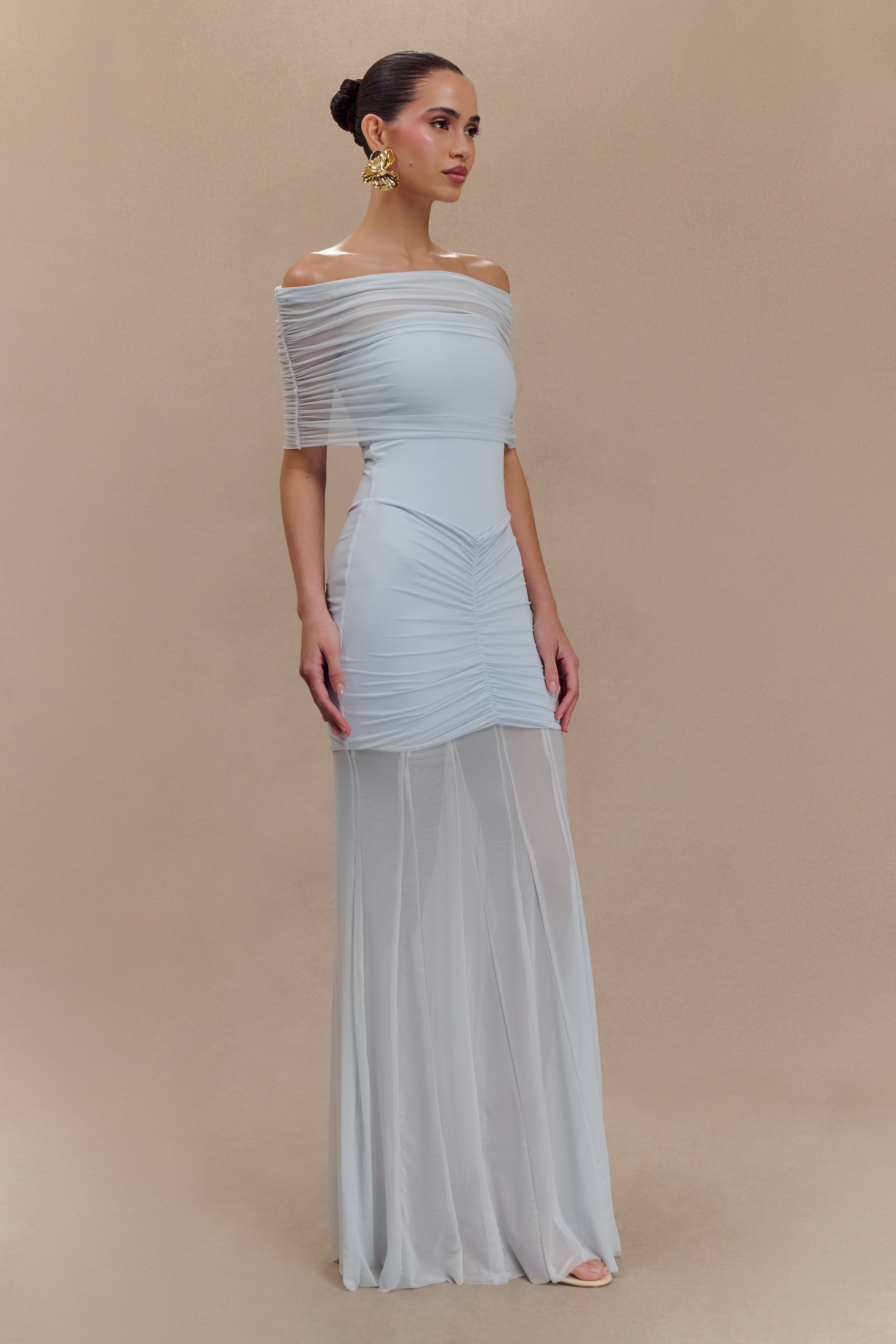 Caspian Slinky And Mesh Off Shoulder Maxi Dress - Pale Blue、mySite、solidvoid