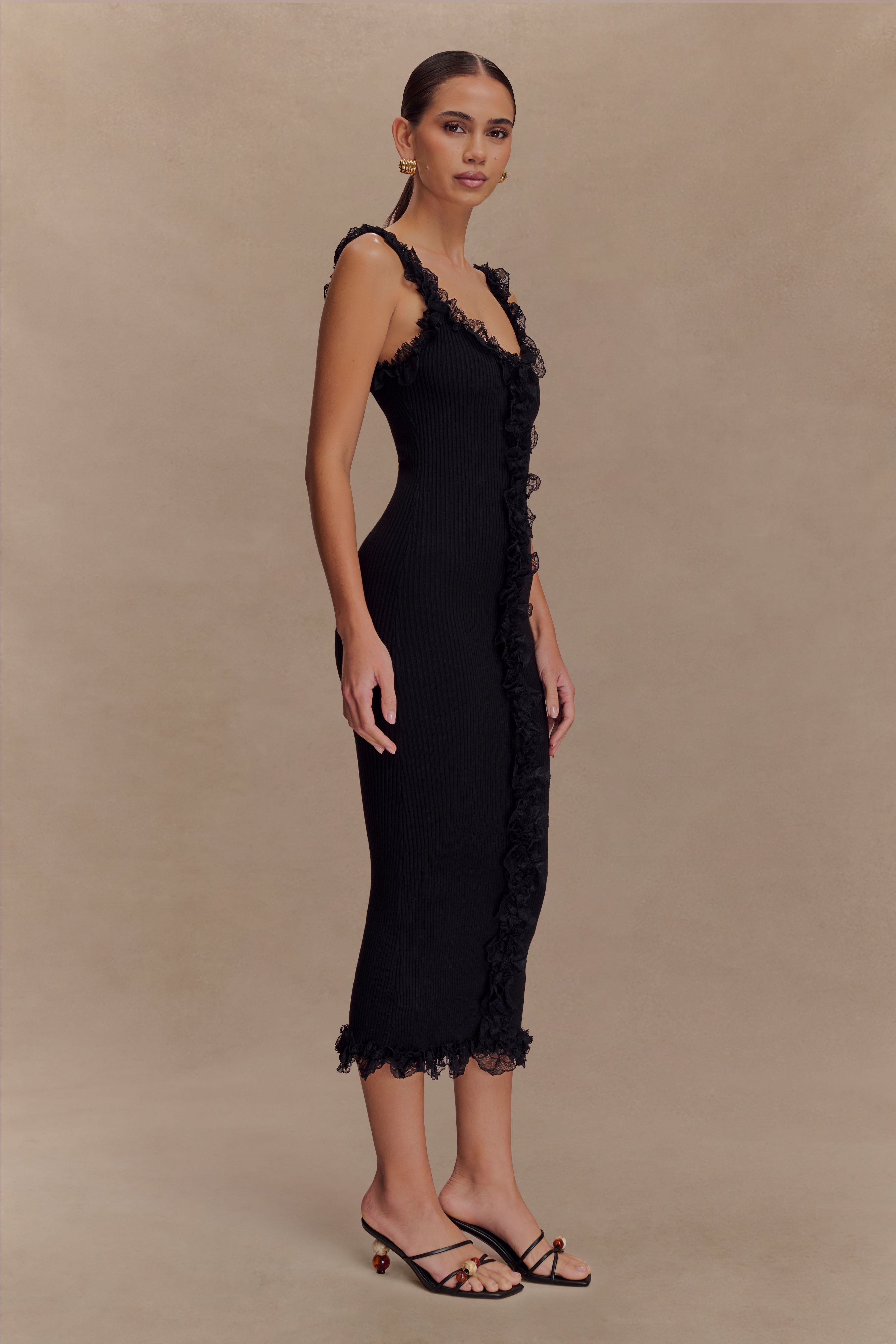 Shay Lace Ruffle Knit Midi Dress - Black、mySite、solidvoid