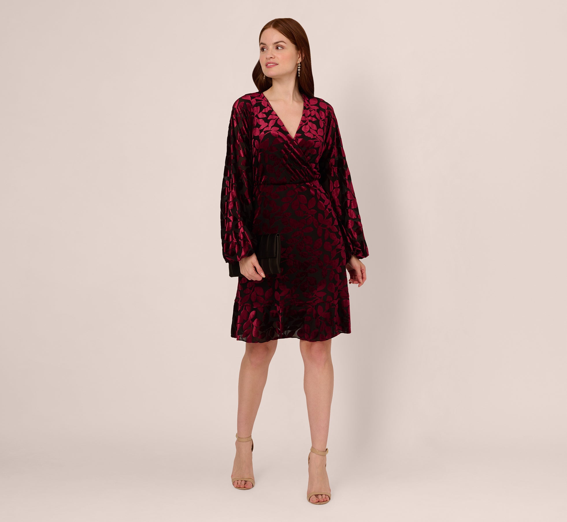 Velvet Burnout Faux Wrap Dress With Long Bishop Sleeves In Burgundy Black、mySite、solidvoid