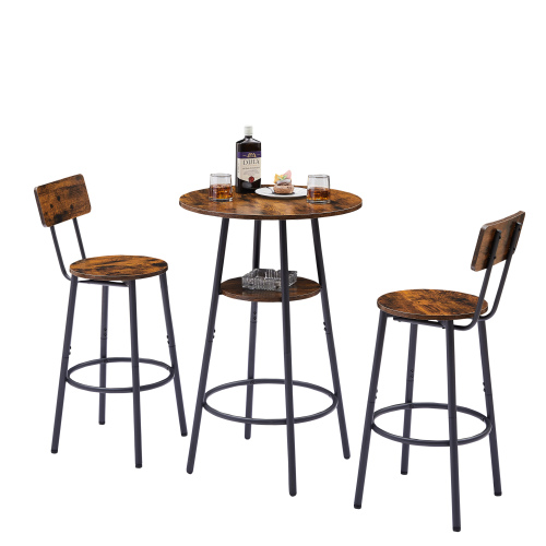 Round bar stool set with shelves, stool with backrest Rustic Brown, 23.6'' Dia x 35.4'' H、、casual