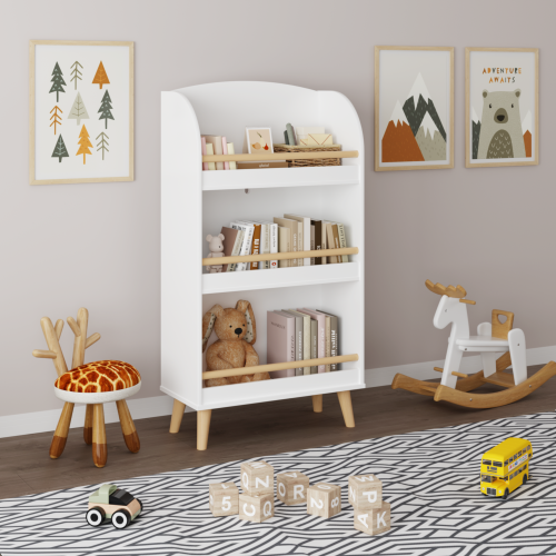 Kids Bookshelf, 3-Tier Bookcase, Book Organizer, toy Storage Cabinet Organizer, White、、casual