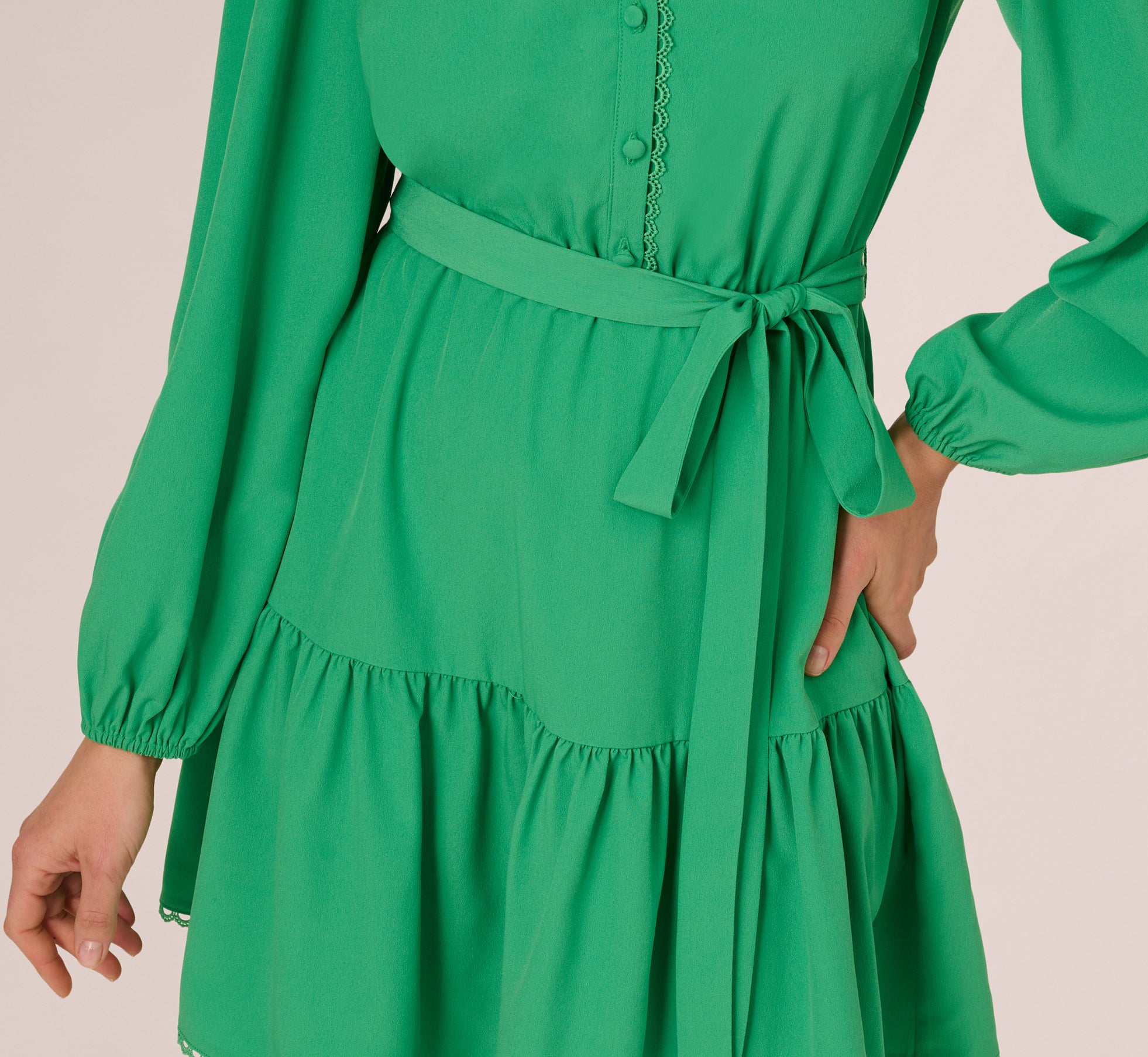 Long Sleeve Scallop Trim Short Dress In Green、mySite、solidvoid