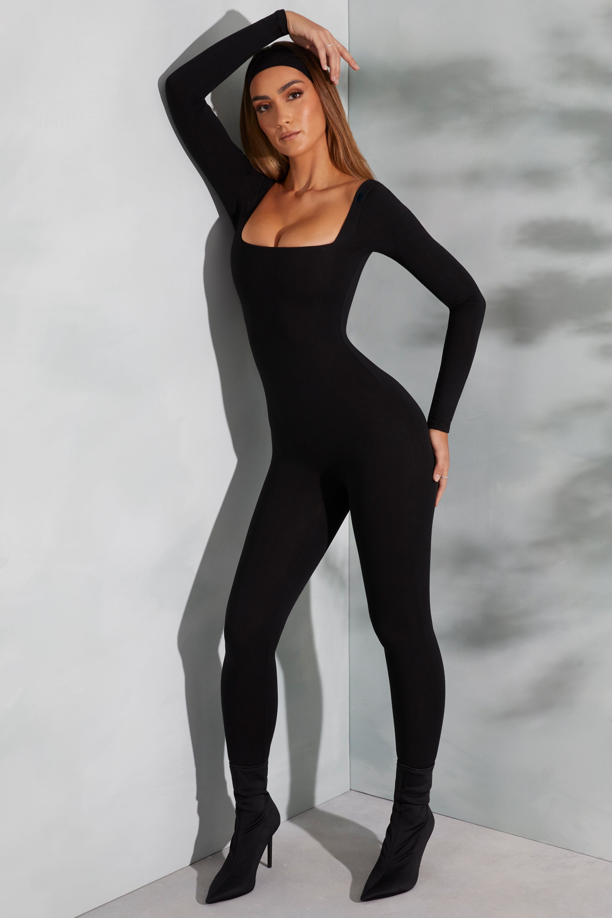 Square Neck Long Sleeve Jumpsuit in Black、mySite、solidvoid