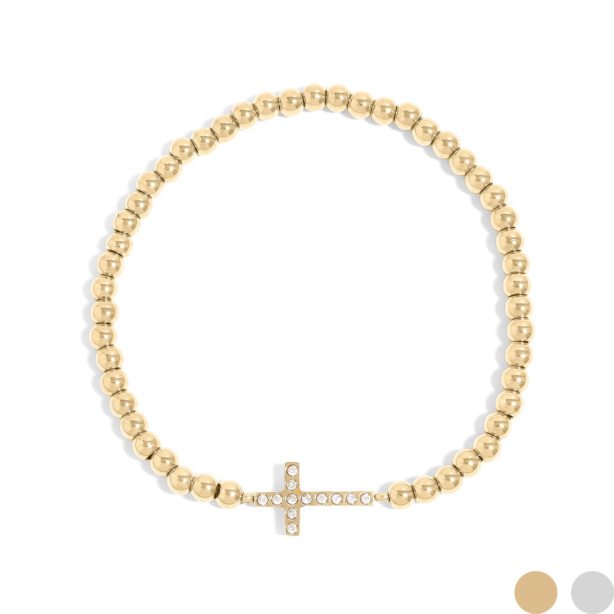18K Gold PVD Stainless Steel Stone Cross Metal Beaded Stretch Bracelet / BRJ1019、mySite、dreamappss