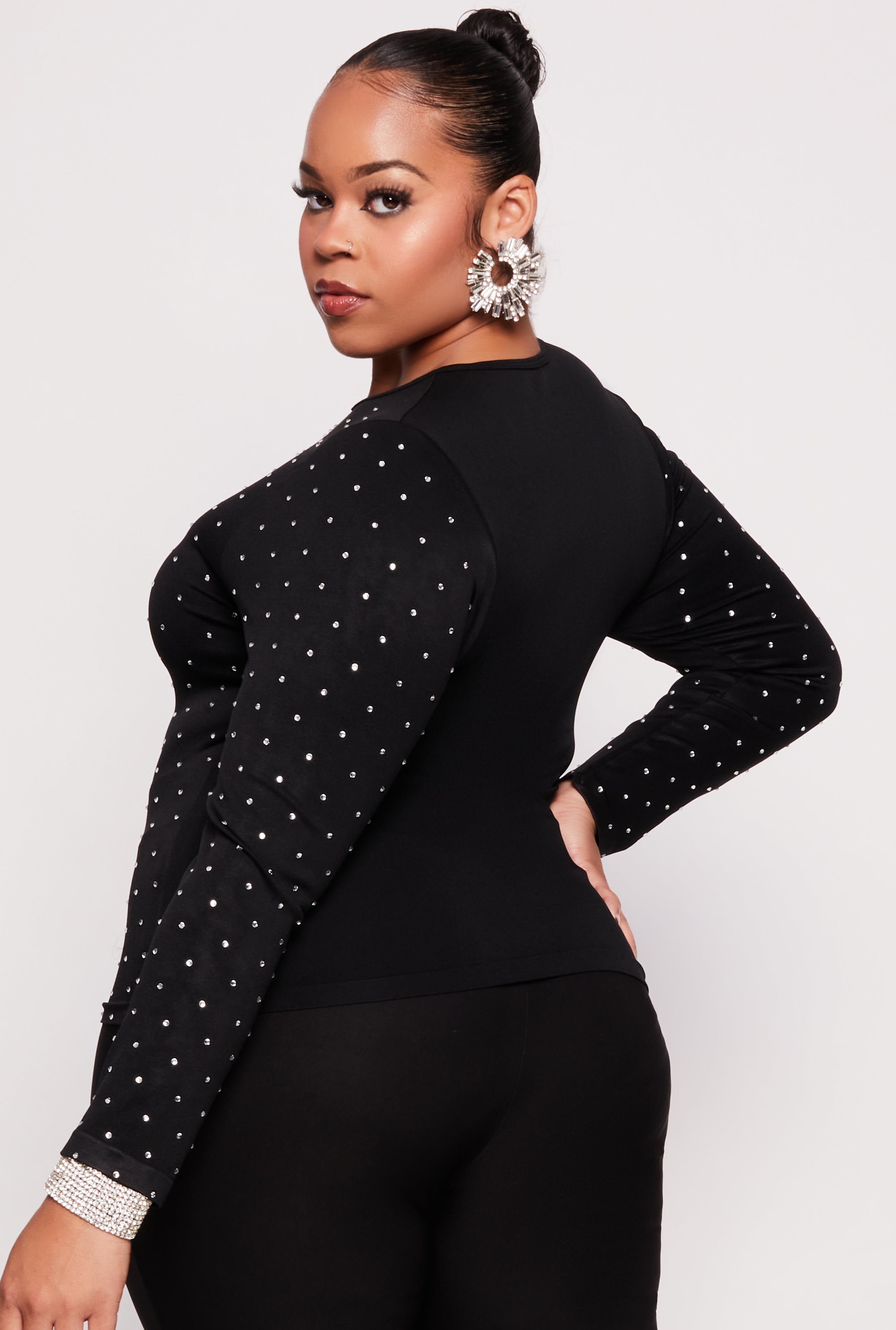Plus Size Rhinestone Studded Long Sleeve Top、mySite、camillekostekn