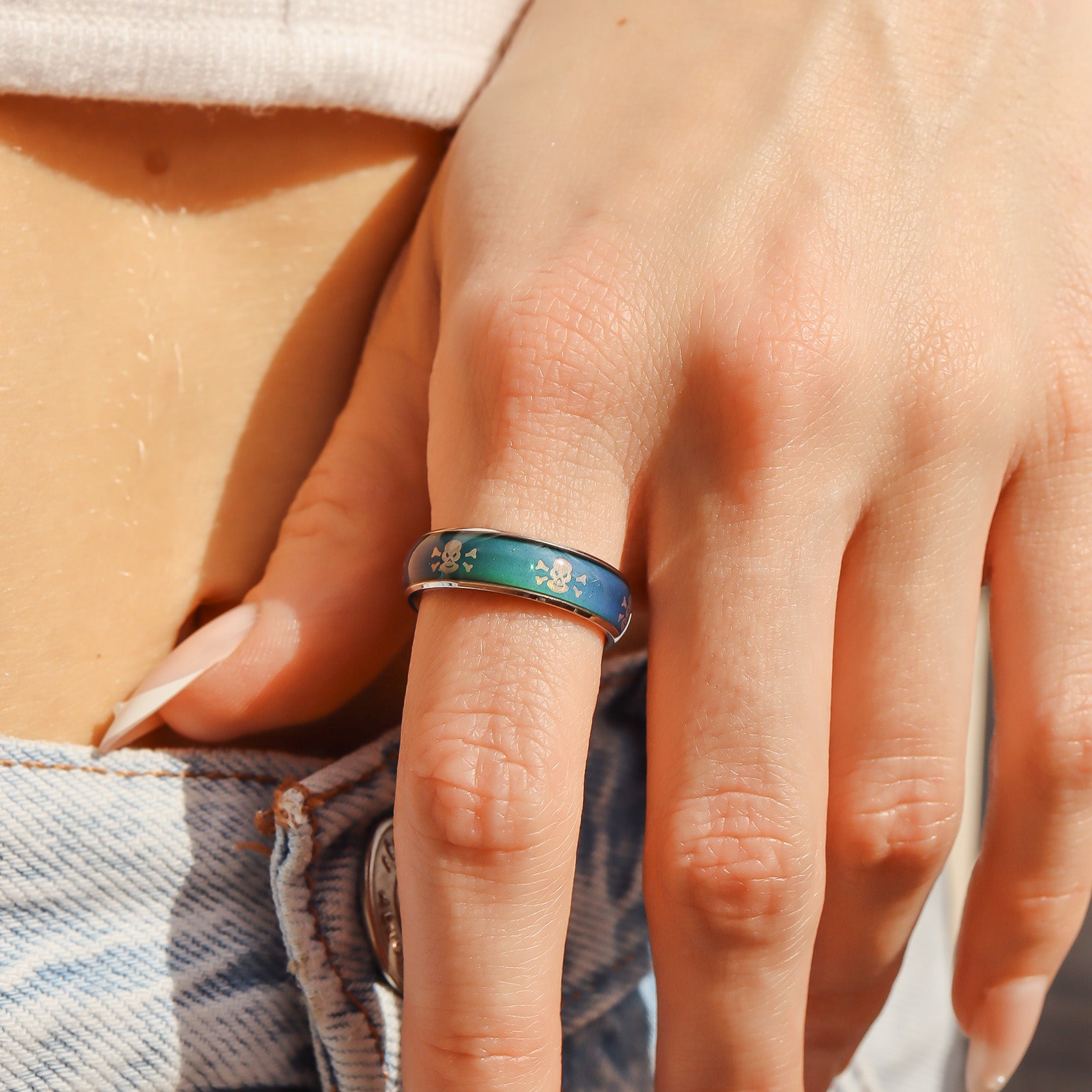 Stainless Steel Mood Band With Skull And Crossbones Ring / CFR9012、mySite、dreamappss