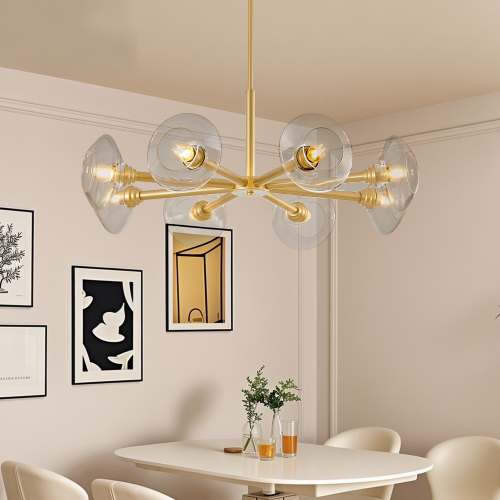26" Modern Gold 5-Light Sputnik Chandelier with Clear Glass Shades, Mid-Century Hanging Pendant Light Fixture for Dining Room, Living Room, or Kitchen (Bulb Not Included)、、eastwooduniform