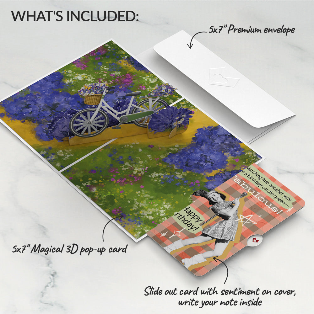 Lavender Bicycle Birthday Pop-Up Card and Cardio Queen Sentiment Set、mySite、solidvoid