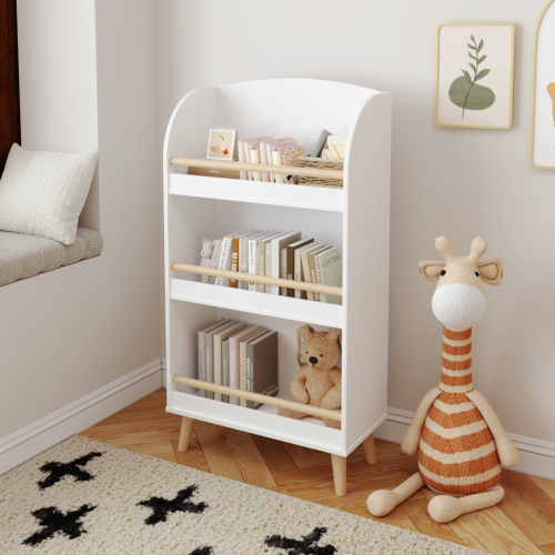 Kids Bookshelf, 3-Tier Bookcase, Book Organizer, toy Storage Cabinet Organizer, White、、casual