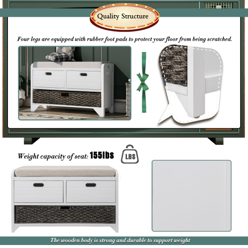 TREXM Storage Bench with Removable Basket and 2 Drawers, Fully Assembled Shoe Bench with Removable Cushion (Navy)、、casual