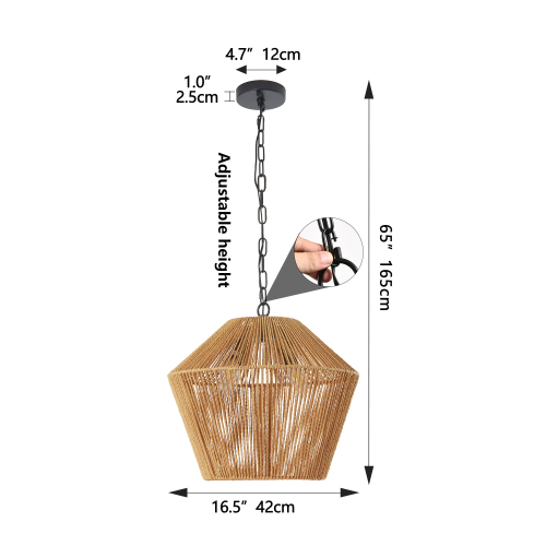 17" Boho Hemp Rope Pendant Light, Handcrafted Farmhouse Hanging Light Fixture for Kitchen Island, Dining Room, or Bedroom, Natural Finish, Adjustable Height (Bulb Not Included)、、eastwooduniform