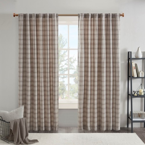 Plaid Rod Pocket and Back Tab Curtain Panel with Fleece Lining Brown 50x84"、、eastwooduniform