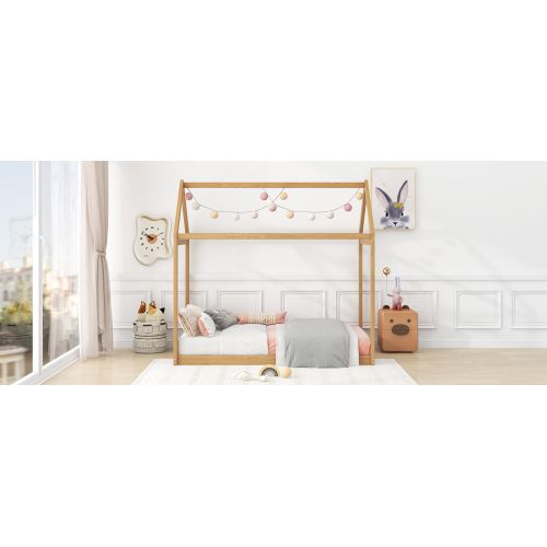 Twin Size Wooden House Bed, White、、casual