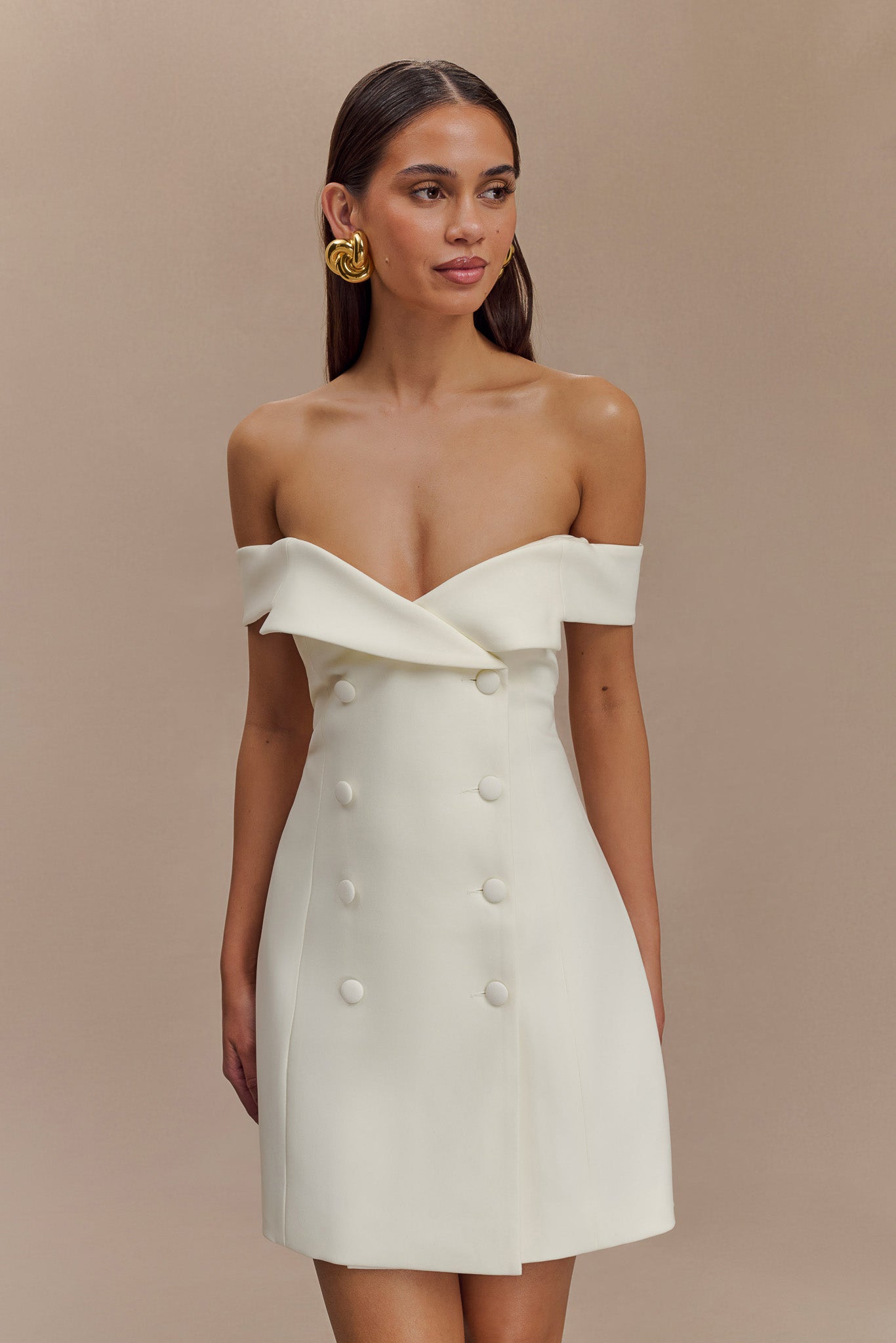 Noelle Off Shoulder Suiting Mini Dress - Ivory、mySite、solidvoid