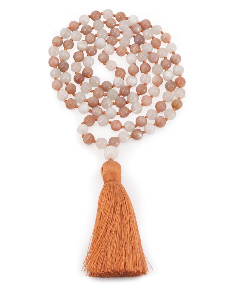 Ethereal White and Peach Moonstone Beads Meditation Knotted Mala、mySite、topwebapps