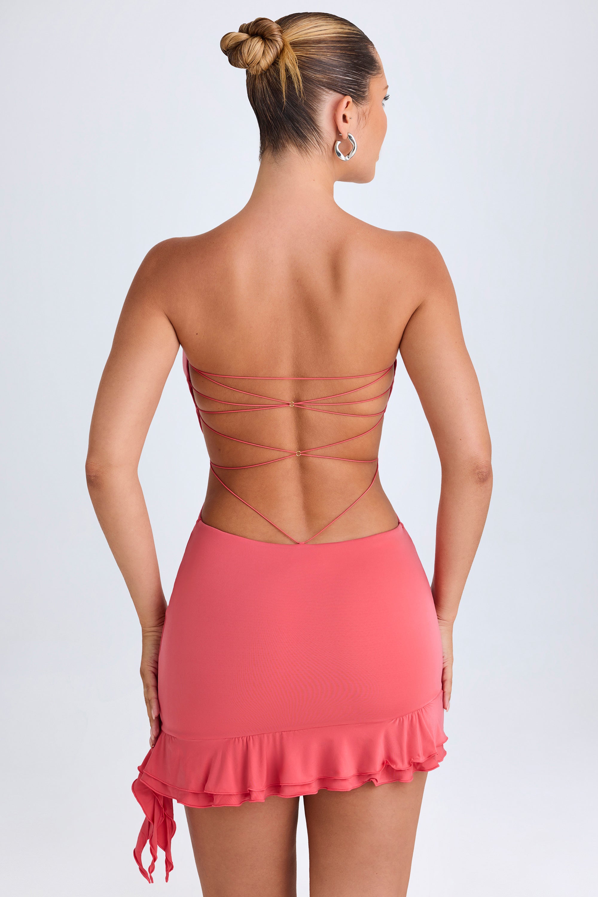 Ruffle-Trim Cut-Out Bandeau Mini Dress in Coral、mySite、solidvoid