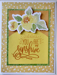 Handmade note card, green and yellow color scheme, with floral embellishment and the sentiment 