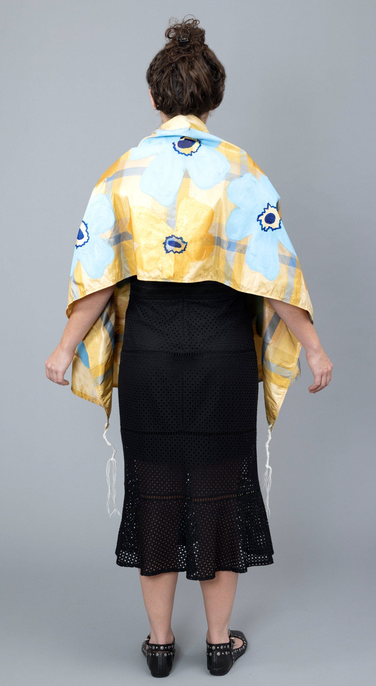 Blue and Gold Silk Plaid Tallit with Hand-Painted Flowers、mySite、topwebapps