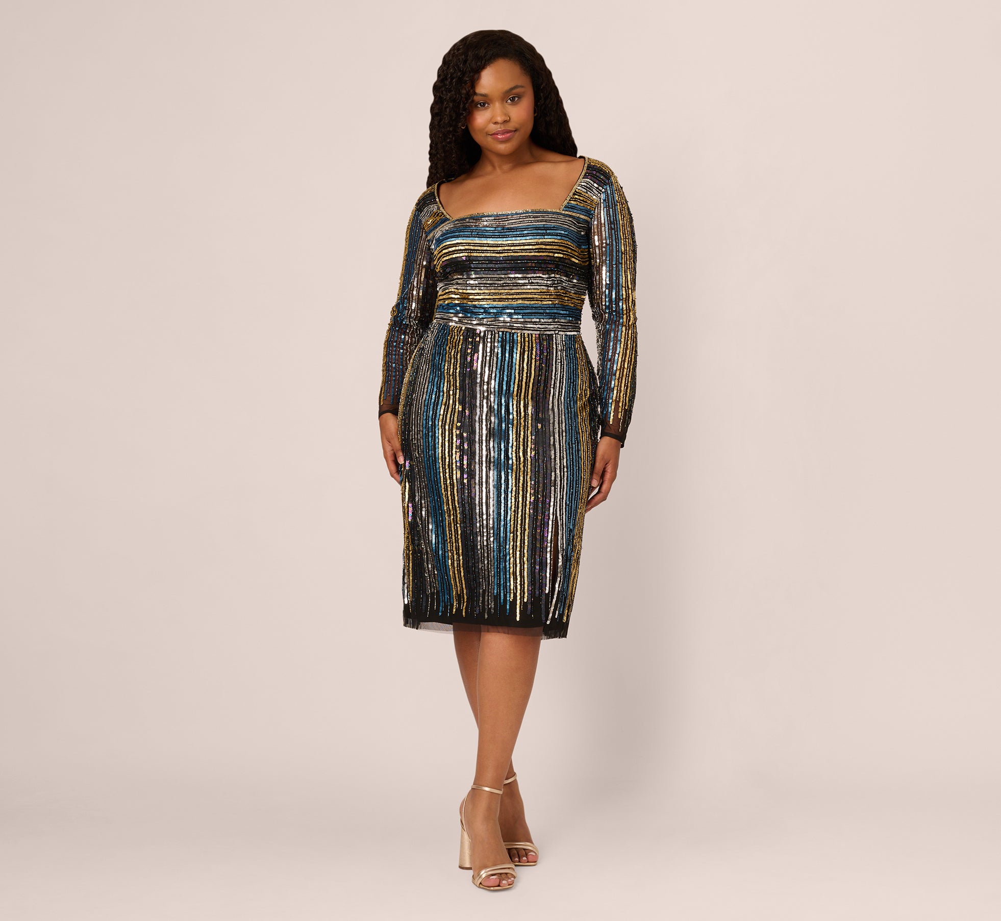 Plus Size Sequin Beaded Sheath Dress With Sheer Long Sleeves In Black Blue Multi、mySite、solidvoid